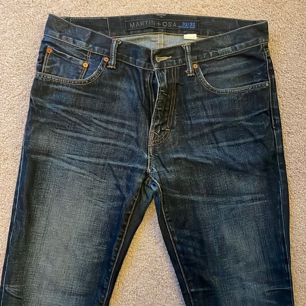 Martin + Osa “Vintage Slim” dark indigo distressed denim jeans, 32x32